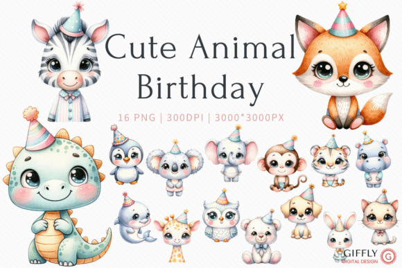 Adorable Design Assets: Cute Animal Birthday Watercolor Clipart