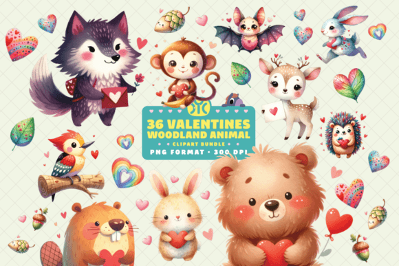 Enchanting Watercolor Valentines Woodland Animal Clipart