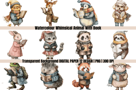 Unleashing Creative Charm: Whimsical Animal with Book Digital Paper